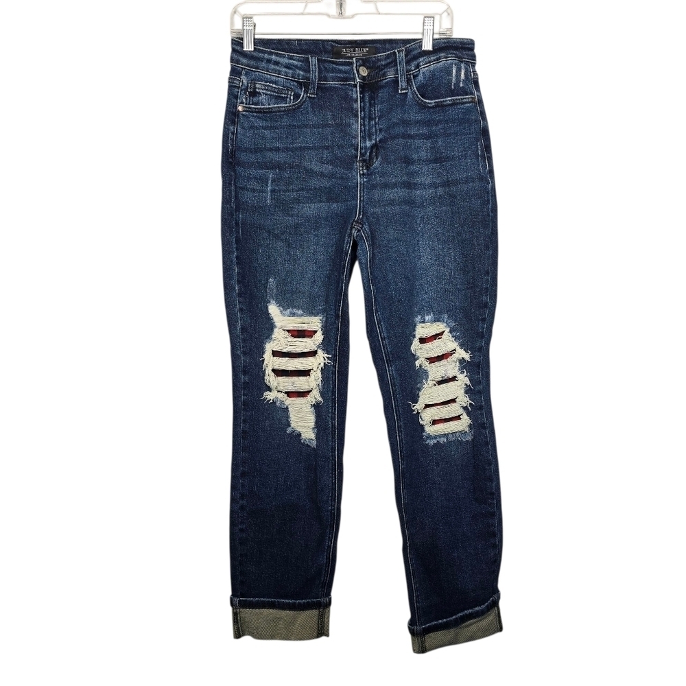 Judy Blue Buffalo Plaid Destroyed Knee Boyfriend Jeans